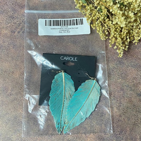Goldtone Patina Leaf Drop Earrings - Picture 7 of 9